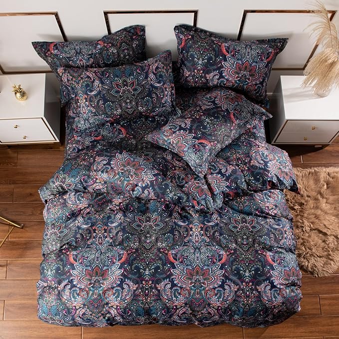 VM VOUGEMARKET Paisley Bedding Sets 3Pcs Brushed Cotton Duvet Cover Set King Size Rustic Damask Stormy Blue Floral Comforter Cover with Zipper Closure Boho Bedding Collections