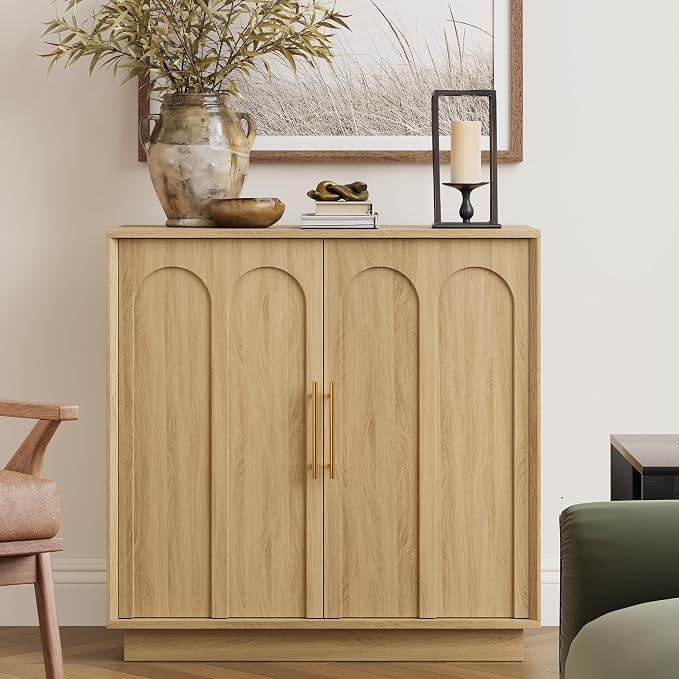 FORTUNETEC Sideboard Buffet Cabinet with Storage Set of 2, Mid Century Modern Accent Cabinet with Arched Doors, Modular Media Console, Credenza for Living Room Kitchen Dining Room Entryway, Oak