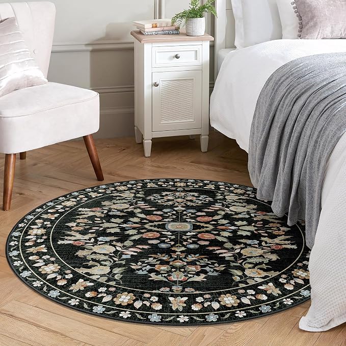 MUJOO Circle Rug 4ft,Black Round Area Rug Washable,Circular Rugs for Bedroom Entryway Bathroom Living Room,Small Boho Non Slip Throw Carpet Vintage Floral
