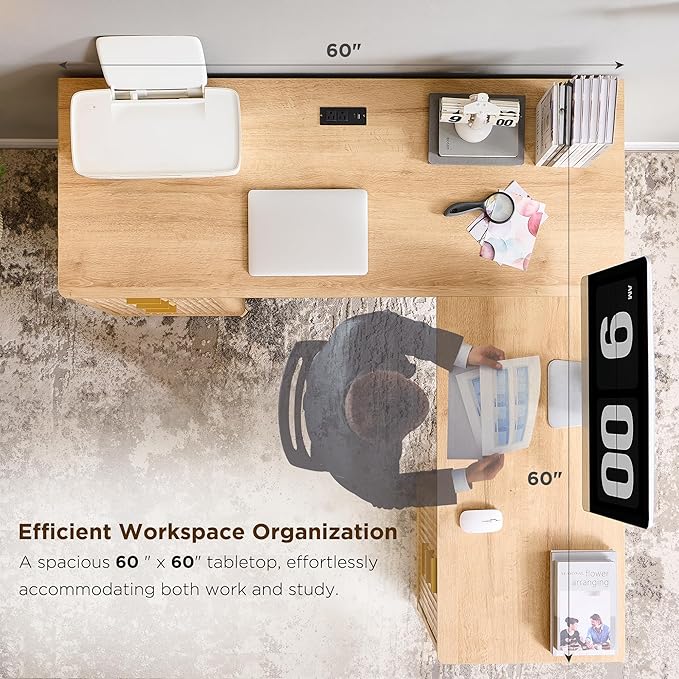 T4TREAM 60'' Fluted Executive L Shaped Desk, Modern Home Office Desk with Charging Station and File Drawer, Computer Corner Desks with Drawers & Storage Cabinet for Office Home, Bedroom, Natural Oak