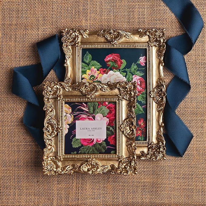 Laura Ashley 4x4 Gold Ornate Textured Hand-Crafted Resin Picture Frame with Easel & Hook for Tabletop & Wall Display, Decorative Floral Design Home Decor, Photo Gallery, Art, More (4x4, Gold)