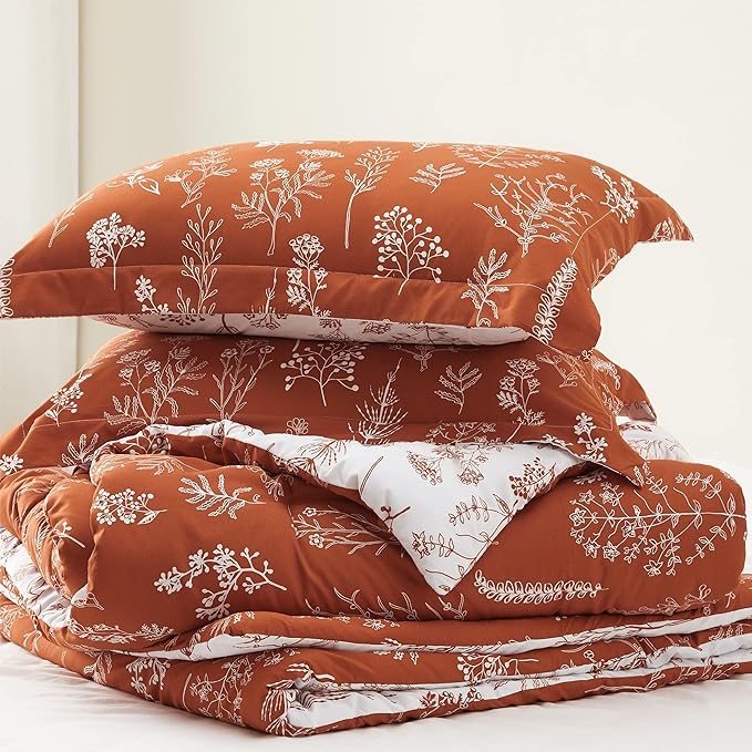 Bedsure Full Comforter Set - Terracotta Bed Set, 3 Pieces Cute Floral Bedding, 1 Soft Reversible Botanical Flowers Comforter and 2 Pillow Shams