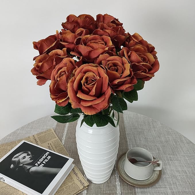 Fake Burnt Orange Roses Artificial Flowers,Floral Diameter 4'',20 Pcs Artificial Silk Roses Flowers with Stems for Wedding Arrangement Centerpieces Party Home Table Decorations (20, burnt orange )