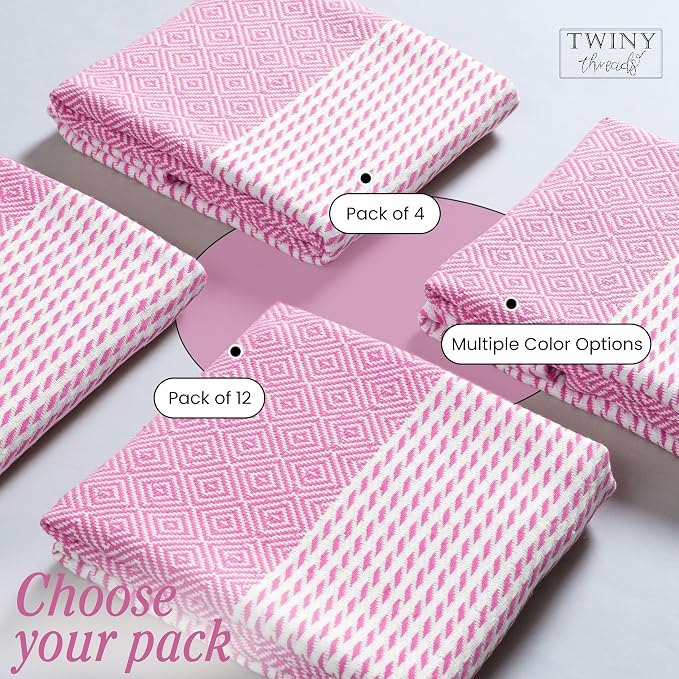 TWINY threads Kitchen Towel Diamond Weave, 4 Pack, Premium Large 100% Cotton Kitchen Linen Set, Absorbent Quick Drying Dish Rags for Drying Dishes, Multi Purpose Washable Towel, 18"x26", Rose Pink