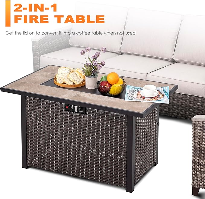 Nuu Garden Propane Fire Pit Table, CSA Certified 43 Inch 50,000 BTU Outdoor Gas Fire Pit Table with Ceramic Tabletop, 7 lbs Glass Stone and Oxford Cover, Dark Brown and Coffee