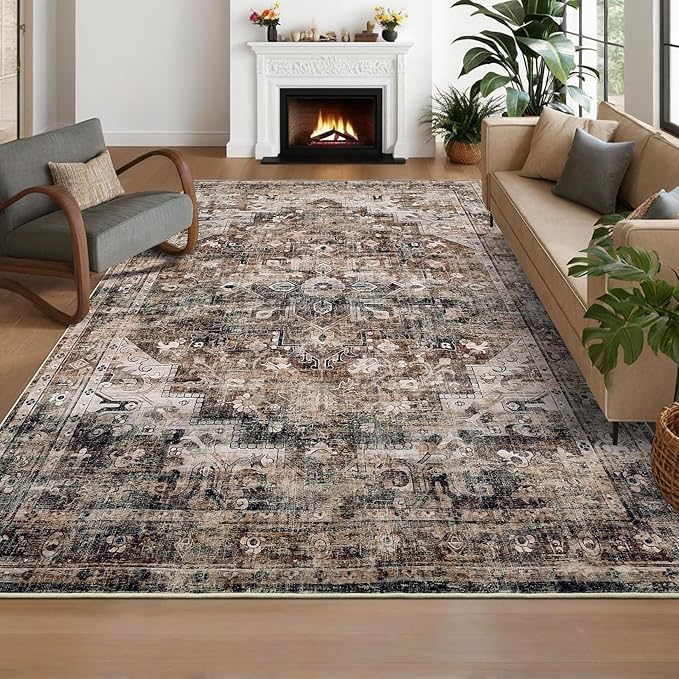 5x7 Area Rug Washable Boho Vintage Medal Print Small Carpet Non Slip Office Rugs Low Pile Soft Bedroom Carpet Non Shedding Kids Nursery Floor Mats for Kitchen Dining Living Room Brown