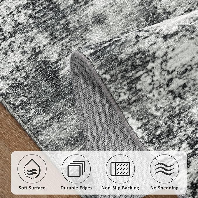 Merelax Washable Area Rugs 8'x10' Grey Abstract Rug for Living Room Bedroom Entryway Nursery, Dining Room and Farmhouse Rug, Non-Slip Modern Indoor Low Pile Soft Floor Carpet, Gray Print Pattern