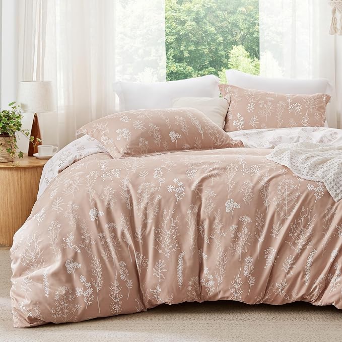 Bedsure Duvet Cover Queen Size - Reversible Pink Queen Duvet Cover Set with Zipper Closure, 3 Pieces Cute Floral Patterned Bedding Set with 8 Corner Ties and 2 Pillow Shams