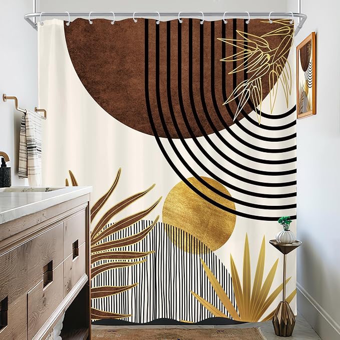 KOMLLEX Mid Century Brown Boho Shower Curtain for Bathroom Decor 72Wx78H Inches Abstract Modern Retro Tan Gold Minimalist Arch Vintage Geometric Fabric Waterproof Polyester 12 Pack Hooks Pack Hooks