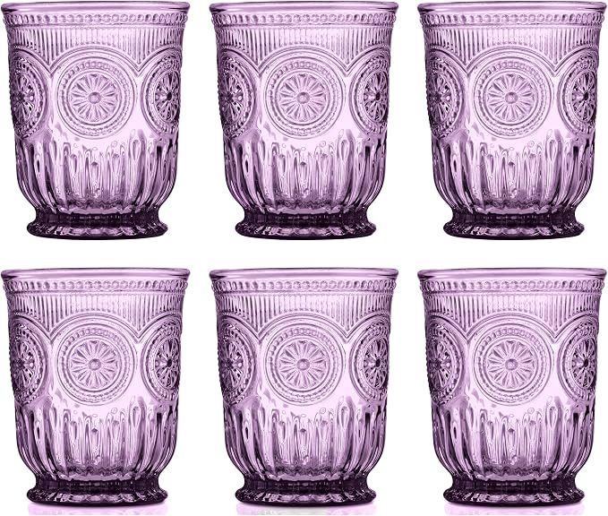 Purple Glassware, set of 6 purple drinking glasses small textured colored vintage glass cups,(Sunflower Goblets)