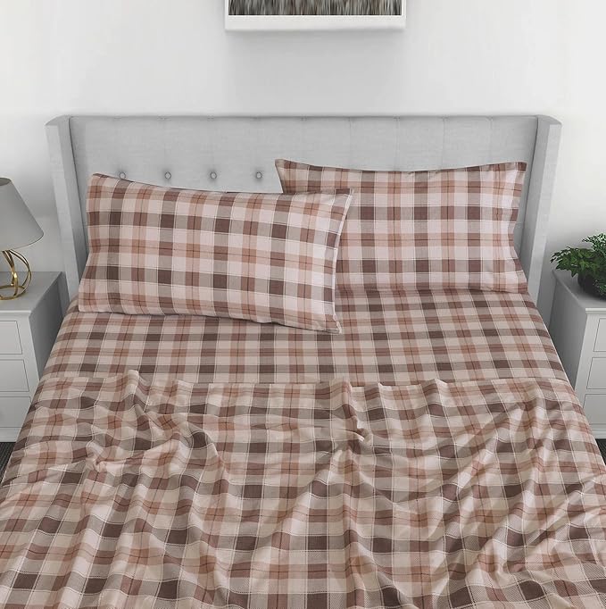 RUVANTI Flannel Sheets Twin XL Size - 100% Cotton Double Brushed Twin XL Sheet Sets, Deep Pockets 16 Inches, All Seasons Breathable & Extra Soft Bed Sheets, Warm & Cozy, 3 Piece, Beige & Grey Plaid