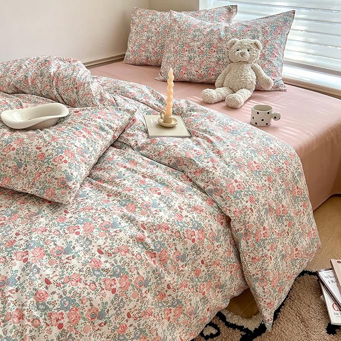 Boho Floral Duvet Cover Twin Soft Cotton Aesthetic Floral Bedding Sets French Style Pink Blue Flower Branches Duvet Cover Chic Shabby Garden Floral Comforter Cover Botanical Twin Size Bedding Sets