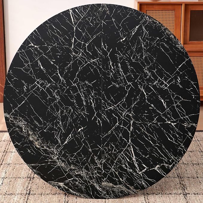 Homedot 47.24" Industrial Kitchen Dining Table Round for 4-6, Rustic Dining Table Circular with Two-Part Tabletop&MDF Pedestal Striped Base,Metal Frame Dinner Meeting Table, Black Marble Grain Look