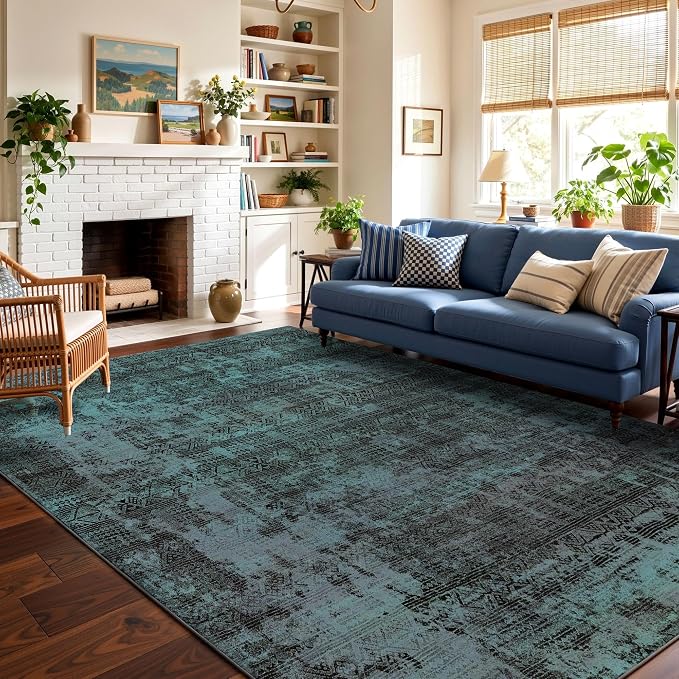 Kokia Abstract Area Rugs 9x12 Bedroom Washable Decor Low Pile Non-Slip Non-Shedding Indoor Deep Teal Carpet Foldable Stain Resistant Floor Mat Living Room Dining Room, Ocean Teal