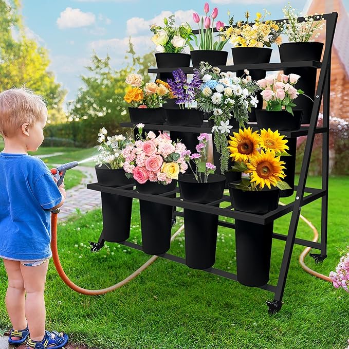 PROLEE Flower Display Stand with 12 Buckets, Flower Cart 3 Layers, Flower Stand Metal with Wheels, Moving Florist Bouquet Shelf, Triangular Rack Black