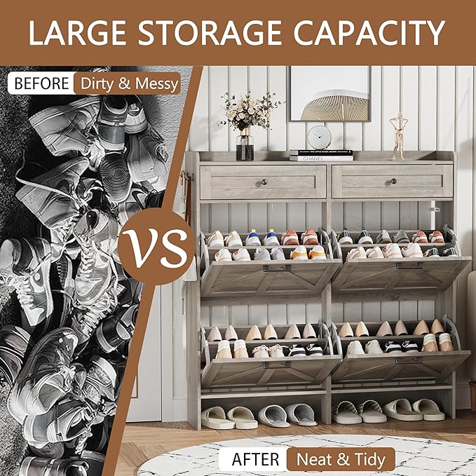 Shoe Cabinet with 4 Flip Drawers & 2 Top Drawers, 43" Tall Freestanding Narrow Wooden Shoe Storage Organizer for Entryway, Hidden Slim Shoe Rack for Front Door Entrance, Hallway, Living Room, Grey