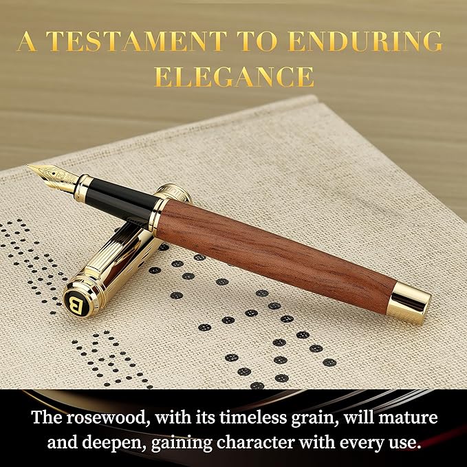 BEILUNER 316 Fountain Pen,Stunning Luxury Rosewood,24K Gilded Nib(Medium),Gorgeous 24K Gold Finish, Ink Converter,Best Gift for Men&Women-Fancy,Executive,Nice Pens for Writing, RD-M