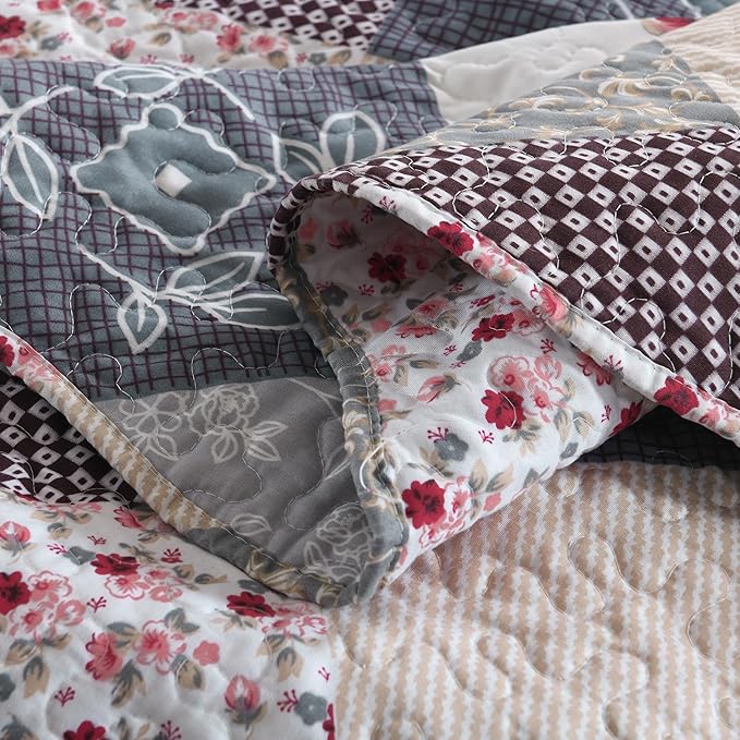 HoneiLife Quilt Set Queen Size - 3 Piece Microfiber Quilts Reversible Bedspreads Patchwork Coverlets Floral Bedding Set All Season Quilts-Grey Rose,Queen/Full Size