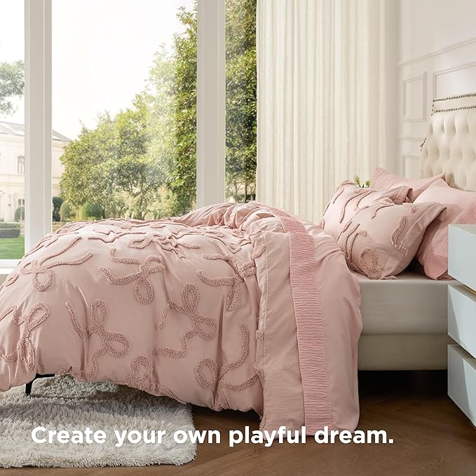 Bedsure Boho Duvet Cover Queen Size - Rose Pink Tufted Boho Bedding, Farmhouse Shabby Chic Embroidery Bedding for All Seasons, 3 Pieces, 1 Soft Jacquard Queen Comforter Cover and 2 Pillow Shams