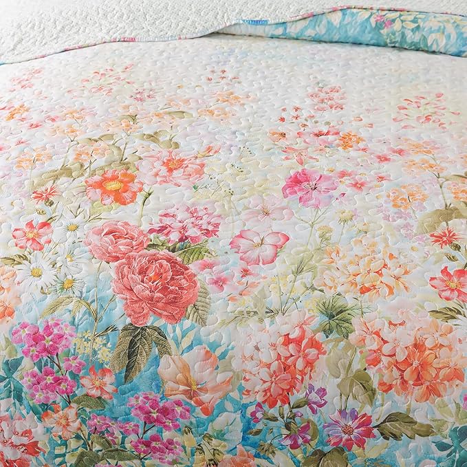 HoneiLife King Quilt Bedding Set - Floral Quilt Sets 3-Piece,Wildflower Bedspreads for King Bed, Microfiber Coverlets Botanical Bed Cover Quilt King Size All Season Quilts-Dream Garden,Coral Pink