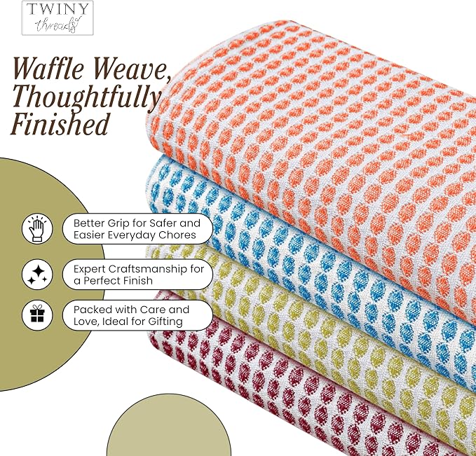 TWINY threads 4 Pack Circle Waffle Kitchen Dish Towels 16"x26", 100% Cotton, Super Absorbent, Heavy Duty, Quick Drying Dishcloth Set, Premium Wash Rags, Great for Drying Dishes, Cleaning, Multicolor