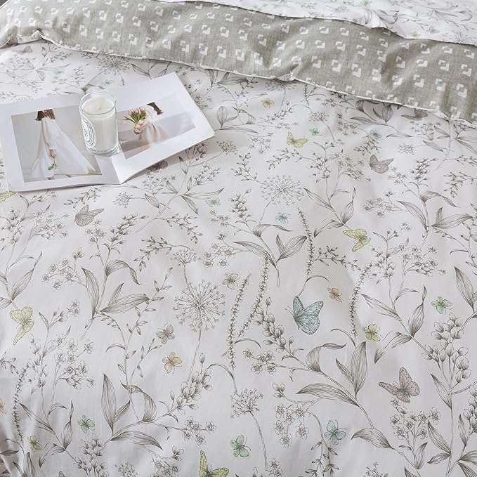 FADFAY Duvet Cover Set Full Colorful Butterfly Bedding Vintage Botanical Comforter Cover Set Shabby Branches Bedding 100% Cotton Ultra Soft Quilt Cover with Hidden Zipper Closure 3Pcs, Full Size