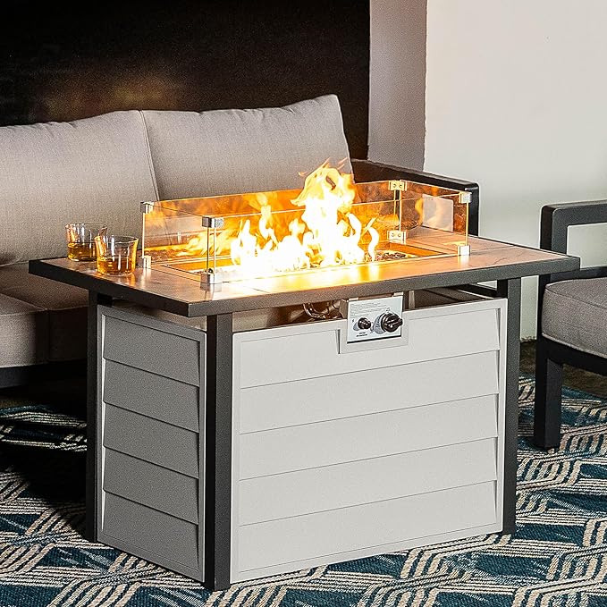 Nuu Garden 43'' Patio Propane Fire Pit Table, 50,000 BTU Gas Fire Pit with Marble-Textured Glass Top, Wind Guard, Lid, Glass Beads, CSA-Certified, 2-in-1 Outdoor Table for Gatherings, Ivory White