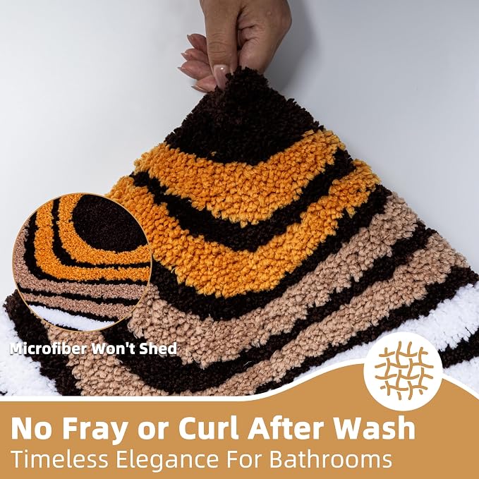 Microfiber Funky Bath Mat, Non Slip Absorbent High Pile Tufted Bath Rug with 3D Striped Pattern, Small Shower Rug for Bathroom Sink, Toilet, Tub, Machine Washable, 16"x24", Brown