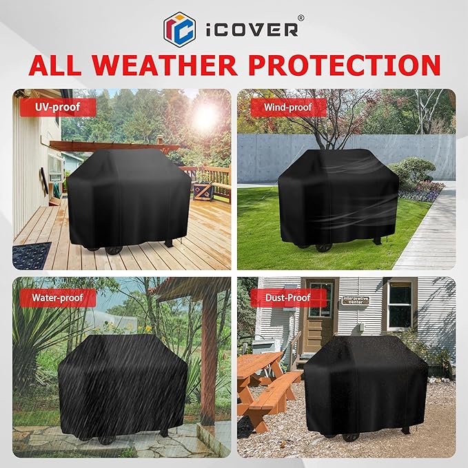 iCOVER Grill Cover, 55 inch BBQ Grill Cover for Outdoor Grill, Anti-UV & Fade Resistant Gas Grill Cover, Waterproof Barbecue Grill Covers for Weber, Char-Broil, Nexgrill and More, Black