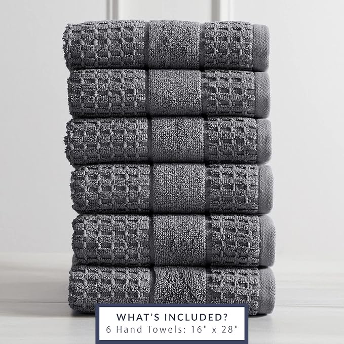 Market & Place 100% Cotton Super Soft Luxury Hand Towel Set | Quick-Dry and Highly Absorbent | Waffle Textured | 550 GSM | Includes 6 Hand Towels | Harper Collection (Dark Grey)