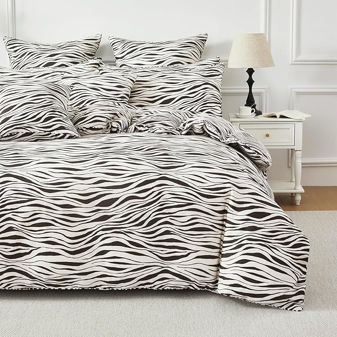 FADFAY Zebra Duvet Cover Queen, 100% Cotton Chocolate and White Animal Print Bedding Set, 3 Pieces with Zipper Closure & Corner Ties