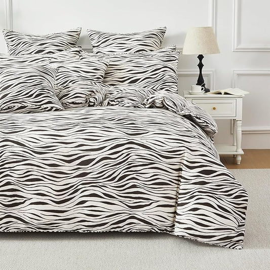 FADFAY Zebra Duvet Cover Queen, 100% Cotton Chocolate and White Animal Print Bedding Set, 3 Pieces with Zipper Closure & Corner Ties