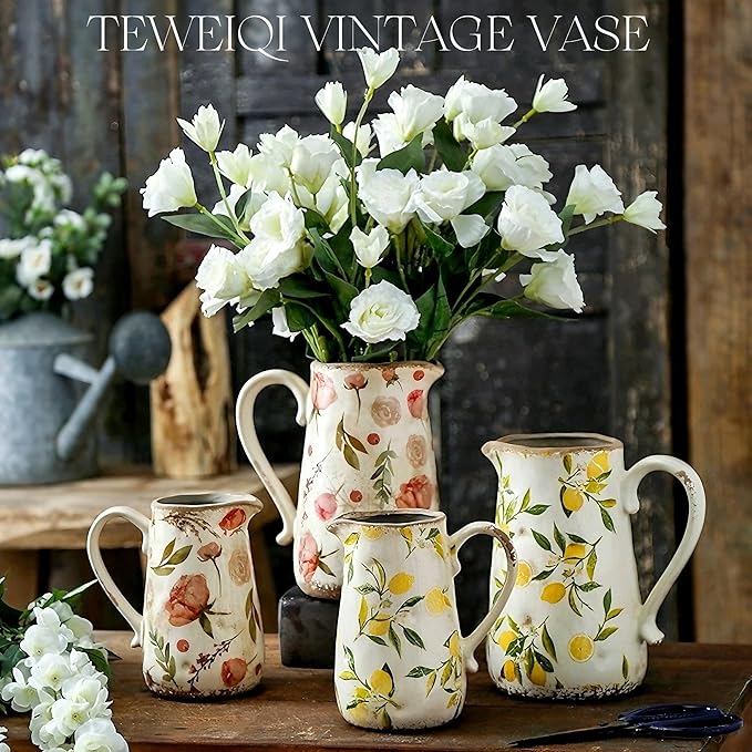 Vintage Fruit and Floral Ceramic Vase with Handle, Retro Ice Glazed Crack Farmhouse Pitcher Vase for Home Decor, Living Room, Shelf, Office, Rustic Table Centerpiece 7 Inch
