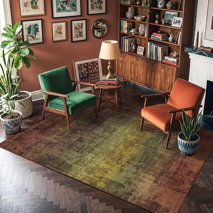 Kokia Abstract Terracotta Area Rugs Boho Washable Distressed Retro Indoor 6x9 Rug Low Pile Non-Slip Non-Shedding Carpet Bedroom Living Room Dining Room, Brown and Tan
