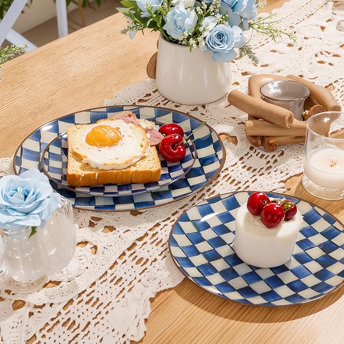 U-QE 20PCS Blue Plastic Plates for Party - Retro Checkered Plates Disposable Heavy Duty - Blue and White Plate for Party, Birthdays - 10 10.25 Inch Dinner and 10 7.5 Inch Dessert Plate