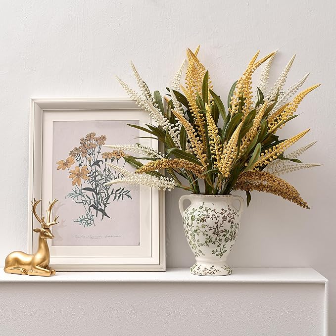 Green and Beige Antique Vase with Handles, Vintage Chinoiserie Floral Vase, Rustic Ceramic Vase for Home Decor, Living Room, Bookshelf, Office, Entryway, Garden, Chinoiserie Decor, Tuscan Decor