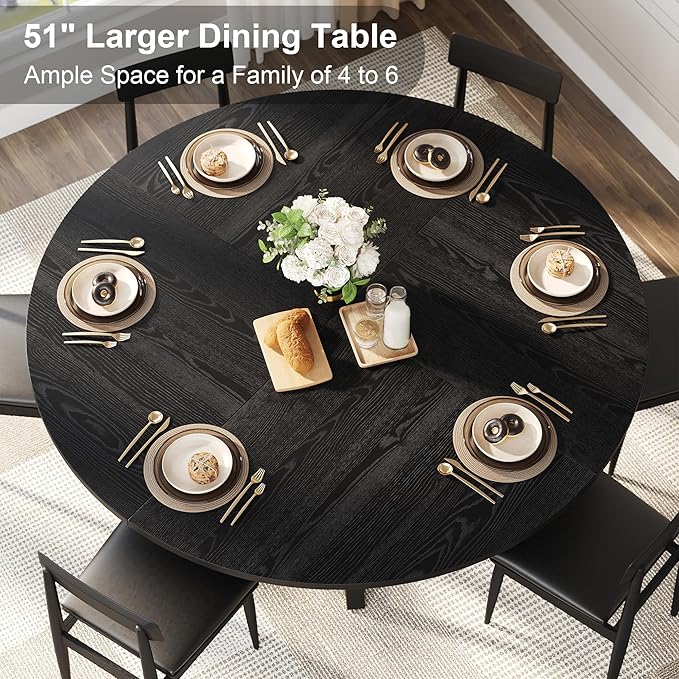 knoworld 51'' Round Dining Table, Kitchen Tables Dining Room Circle Dinner Table with Pedestal Metal Frame, Space Saving Wood Industrial Kitchen & Dining Room Tables, Black 51In