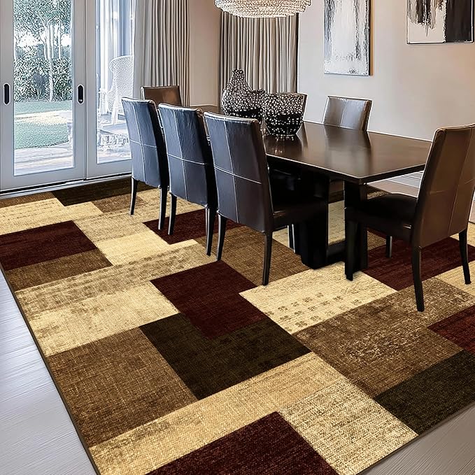 Modern Geometric Patchwork Indoor Area Rug for Living Room, Red 9x12 Large Rug Rockwood Collection Hardwood Floors Decor for Bedroom, Burgundy Throw Carpet for Office Entryway Dining Room