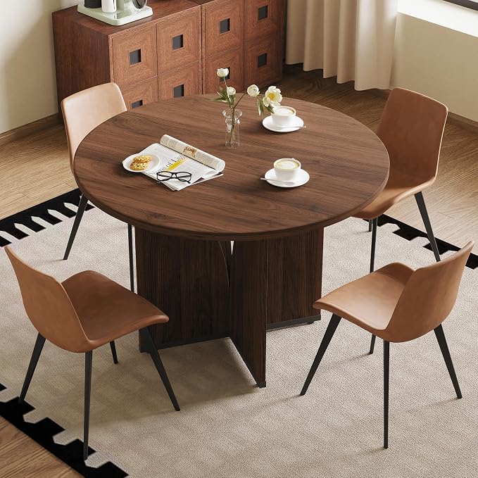 HIPIHOM Modern Round Dining Table Set for 4, 39.4" Walnut Kitchen Table with 4 PU Leather Chairs, 5-Piece Mid-Century Dining Room Set for Small Spaces, Pedestal Base