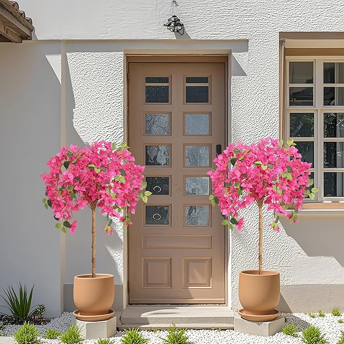 4 Feet Artificial Bougainvillea Trees, Fake Bougainvillea Pink Flowers Tree with Black Plastic Pot, Outdoor Faux Blooming Plants Potted 2 Packs for Decor Front Porch Indoor or Home Office (47 inch)