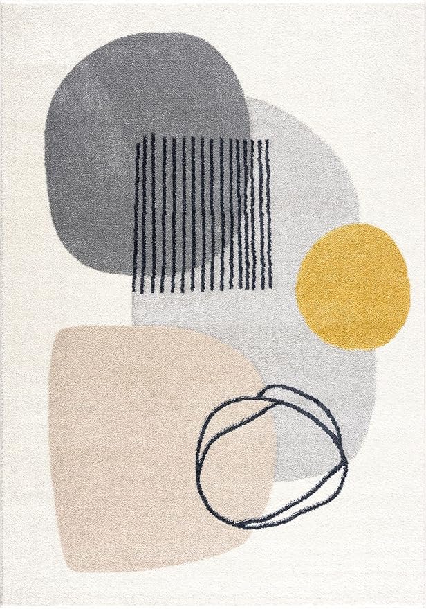 Abani Rugs Cream and Gray 5’3” x 7’6” (5'x8') Mid-Century Rug with Circles and Lines. Neutral Tones of Cream, Gray and a pop of Yellow. Minimalistic Design Turkish Stain Resistant Area Rug.