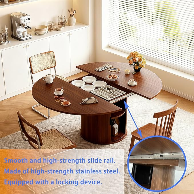 Wildhome Extendable Round Dining Table for 2-4-6, 59 Inch Dining Room Kitchen Table with 2-Tier Storage Shelf, Modern Farmhouse Fluted Wood Slide Door Dinner Furniture,Oval Circle,Walnut-59 Inch