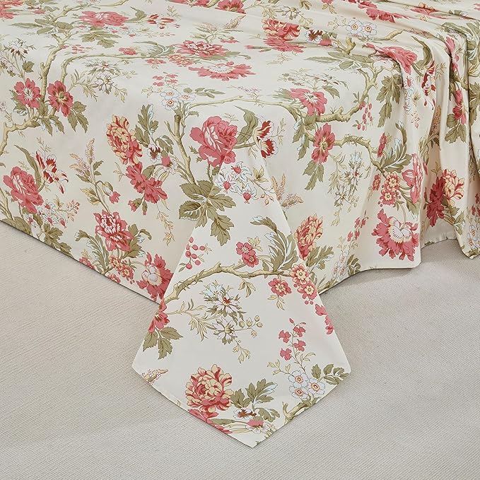 Brandream Floral Bedding Chinoiserie Blossom Farmhouse Sheets Set Queen Size Luxury Grandmillennial Bedding Decor 100% Egyptian Cotton Deep Pocket, 4Pieces Botanical Tree Branches Ornamental Drawing