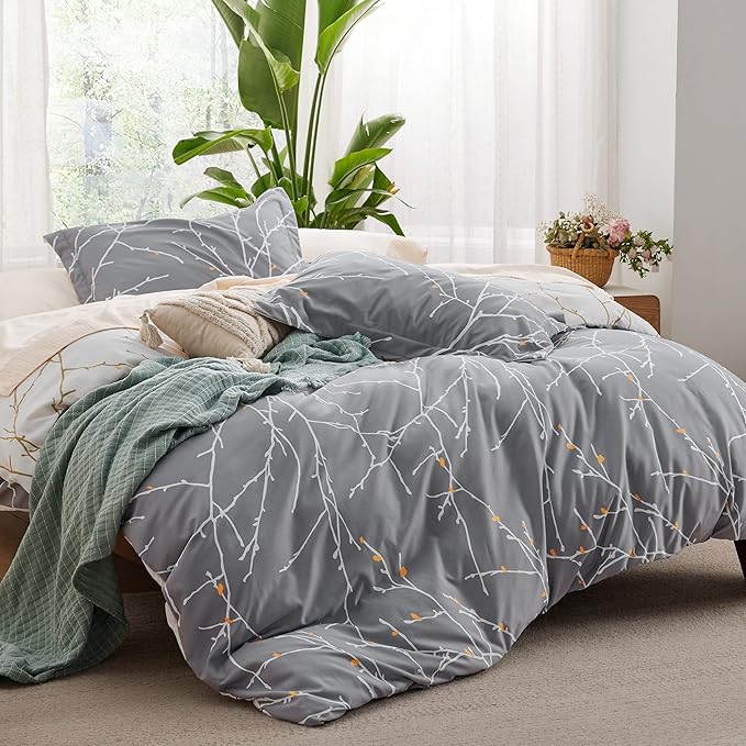 Bedsure Duvet Cover King Size - Reversible Tree Branch Duvet Cover Set with Zipper Closure, 3 Pieces Grey Bedding Set with 8 Corner Ties and 2 Pillow Shams 20"x36"