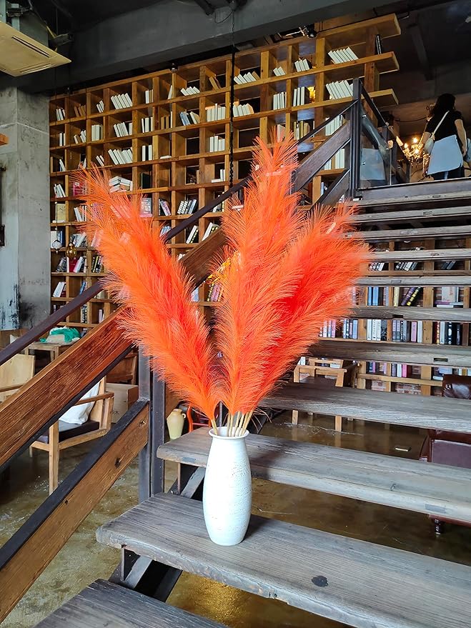 Premium Faux Pampas Grass Decor Tall & Fluffy, No Assembly Needed Long Pampas, Luxury Large Floral, Elegant Feather Flowers for Wedding Decor(Faux Orange, 8pcs 43.3"(110cm))