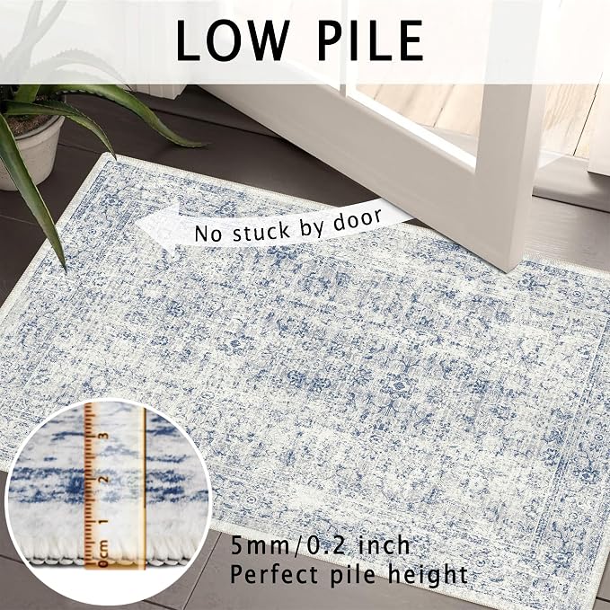 3x5 Rug, Small Area Rug for Living Room, Bedroom, Kitchen, Machine Washable Non-Slip Throw Rug, Vintage Distressed Floral Carpet for Entryway Nursery Dinner Room - Durable (Blue)