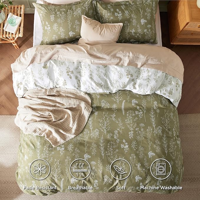 Bedsure Duvet Cover King Size - Reversible Olive Green King Duvet Cover Set with Zipper Closure, 3 Pieces Floral Patterned Bedding Set with 8 Corner Ties and 2 Pillow Shams