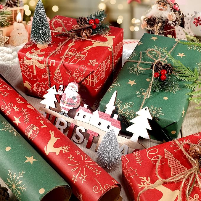 Panigkids Xmas Wrapping Paper Rolls - 4 Jumbo Kraft Wrap (17in x16.4ft Each) for Kids Adults, Festive Golden Red Tree & Green Snowflakes, Durable Holiday Gift Wrap + Jute Twine