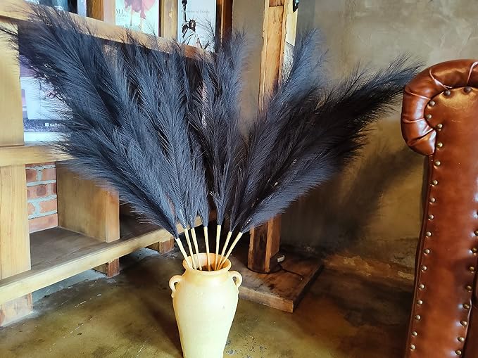 Premium Faux Pampas Grass Decor Tall & Fluffy, No Assembly Needed Long Pampas, Luxury Large Floral, Elegant Feather Flowers for Wedding Decorations (Faux Black, 8pcs 43.3"(110cm))