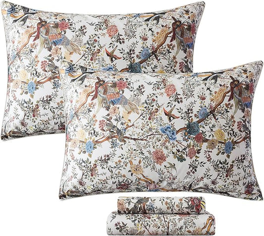 FADFAY Sheets Set Cal King Shabby Botanical Bird Floral Bed Sheets Vintage Mocha Mousse Branches Bedding Collections 100% Egyptian Cotton Breathable Soft 17.7" Deep Pocket 4Pcs, California King Size